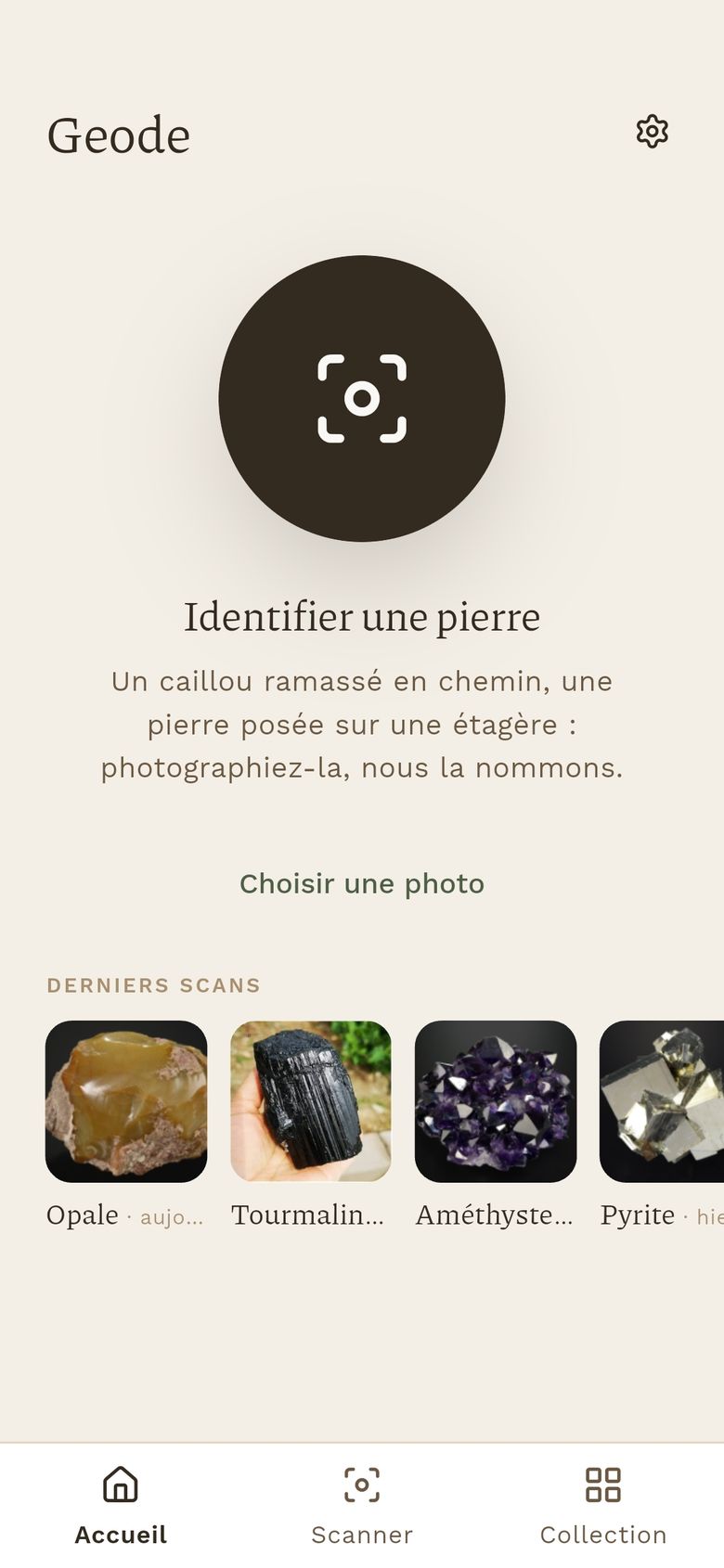 L'écran d'accueil de Geode, avec le bouton d'identification et les derniers scans.